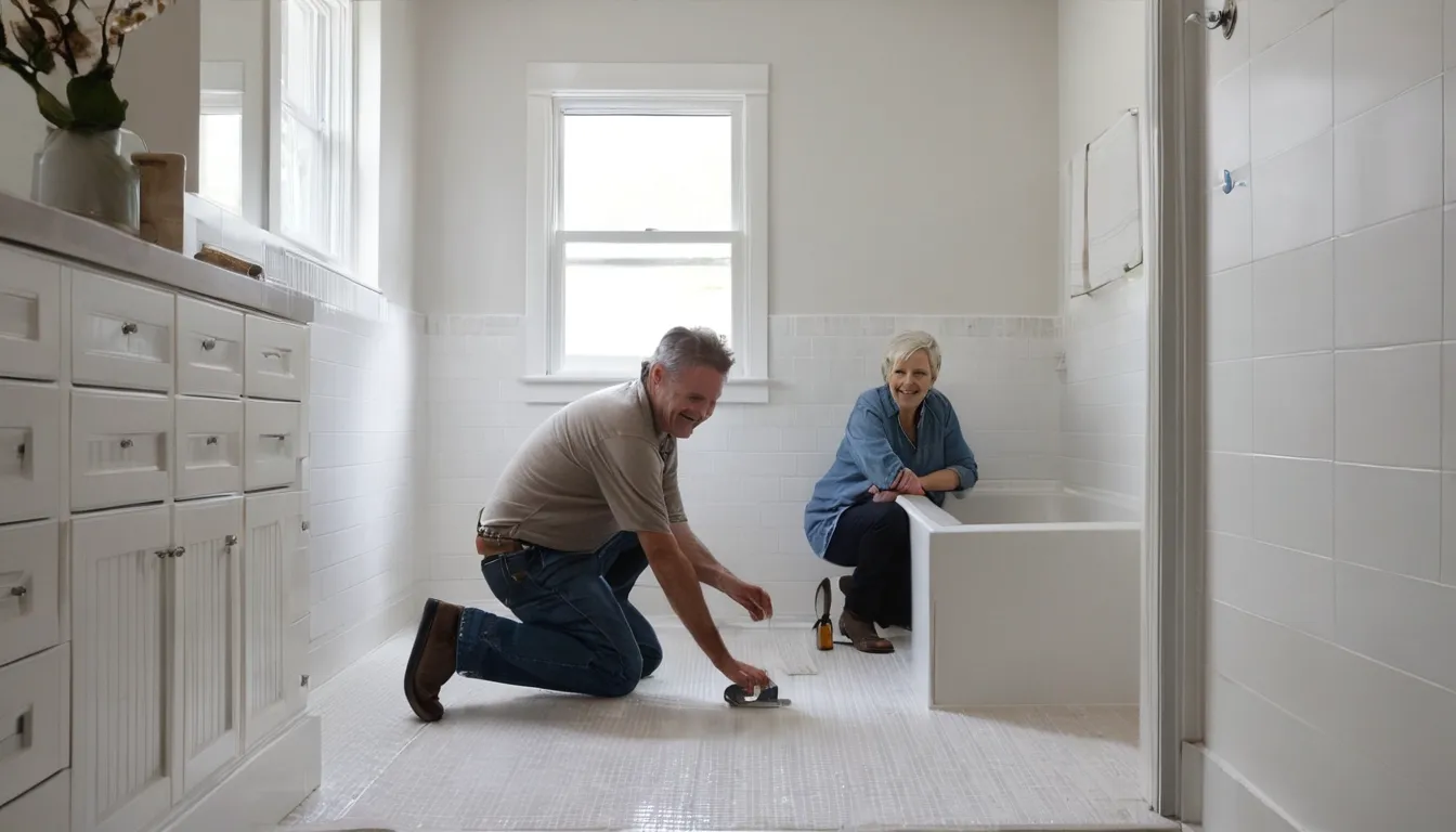 Provider checking a bathroom where an old tub is being converted to a walk-in shower in a home near Middletown